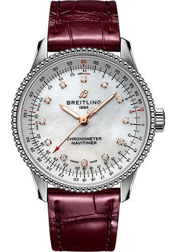 Breitling Navitimer Automatic 35 Watch - Stainless Steel - Mother-Of-Pearl Dial - Burgundy Alligator Leather Strap - Folding Buckle