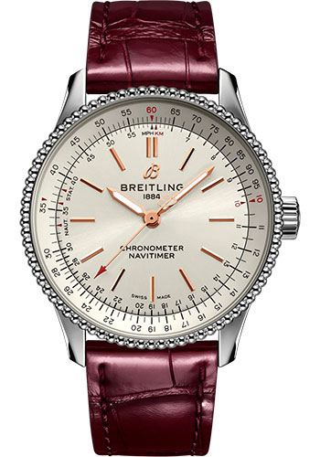 Breitling Navitimer Automatic 35 Watch - Stainless Steel - Silver Dial - Burgundy Alligator Leather Strap - Folding Buckle