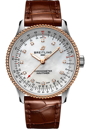 Breitling Navitimer Automatic 35 Watch - Steel and 18K Rose Gold - Mother-Of-Pearl Dial - Brown Alligator Leather Strap - Folding Buckle