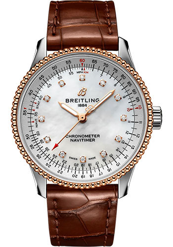 Breitling Navitimer Automatic 35 Watch - Steel and 18K Rose Gold - Mother-Of-Pearl Dial - Brown Alligator Leather Strap - Tang Buckle