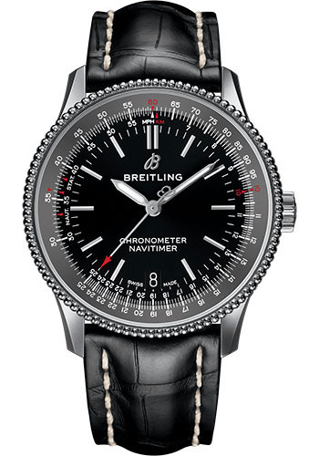 Breitling Navitimer 1 Automatic 38 Watch - Steel Case - Black Dial - Black Croco Strap