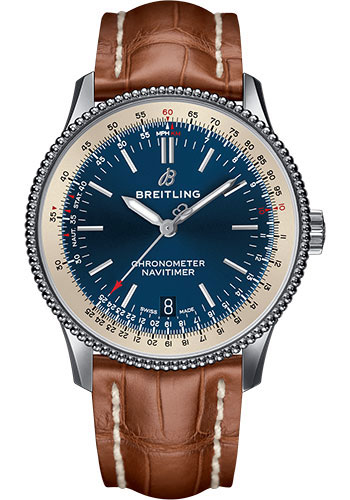 Breitling Navitimer 1 Automatic 38 Watch - Steel Case - Blue Dial - Gold Croco Strap