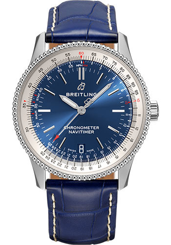 Breitling Navitimer Automatic 38 Watch - Steel - Blue Dial - Blue Croco Strap - Folding Buckle