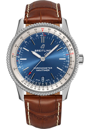 Breitling Navitimer Automatic 38 Watch - Steel - Blue Dial - Gold Croco Strap - Folding Buckle