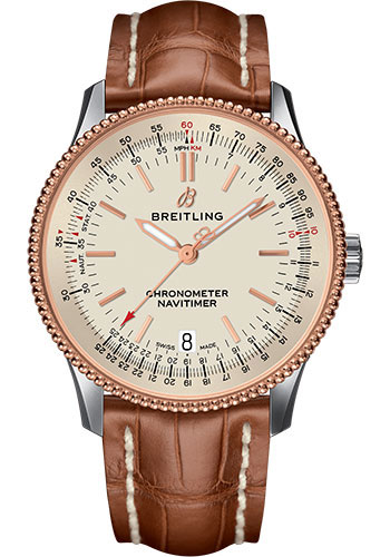 Breitling Navitimer 1 Automatic 38 Watch - Steel and Red Gold Case - Silver Dial - Gold Croco Strap