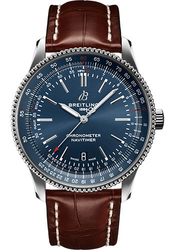 Breitling Navitimer Automatic 41 Watch - Stainless Steel - Blue Dial - Brown Alligator Leather Strap - Folding Buckle