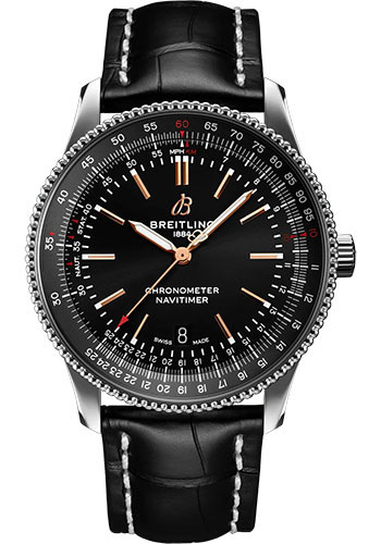 Breitling Navitimer Automatic 41 Watch - Stainless Steel - Black Dial - Black Alligator Leather Strap - Folding Buckle