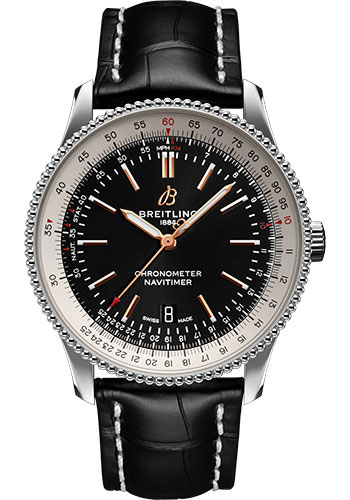 Breitling Navitimer Automatic 41 Watch - Steel - Black Dial - Black Croco Strap - Tang Buckle