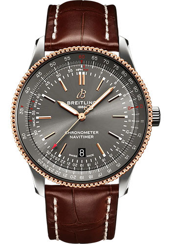 Breitling Navitimer Automatic 41 Watch - Steel and 18K Red Gold - Anthracite Dial - Brown Alligator Leather Strap - Folding Buckle