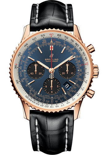 Breitling Navitimer 1 B01 Chronograph 43 Watch - Red Gold Case - Blue Dial - Black Croco Strap