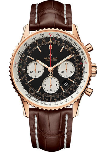 Breitling Navitimer 1 B01 Chronograph 43 Watch - Red Gold Case - Black Dial - Brown Croco Strap