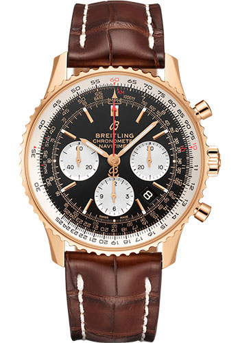 Breitling Navitimer B01 Chronograph 43 Watch - 18k Red Gold - Black Dial - Brown Croco Strap - Folding Buckle