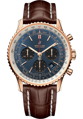 Breitling Navitimer 1 B01 Chronograph 43 Watch - Red Gold Case - Blue Dial - Brown Croco Strap