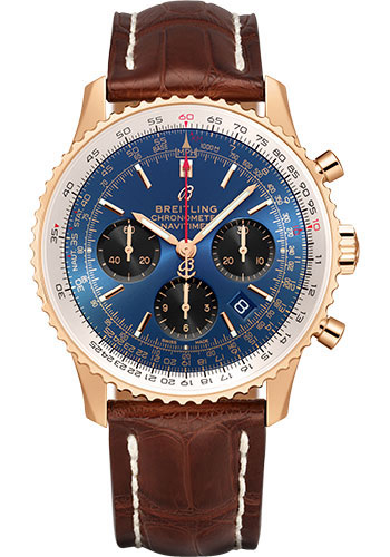 Breitling Navitimer B01 Chronograph 43 Watch - 18k Red Gold - Blue Dial - Brown Croco Strap - Folding Buckle