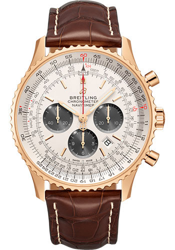 Breitling Navitimer B01 Chronograph 46 Watch - 18k Red Gold - Silver Dial - Brown Croco Strap - Folding Buckle