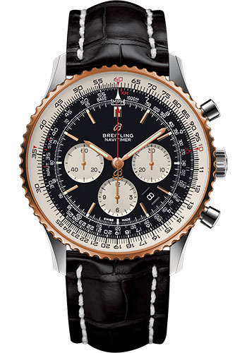 Breitling Navitimer 1 B01 Chronograph 46 Watch - Steel and Red Gold Case - Black Dial - Black Croco Strap