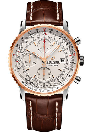 Breitling Navitimer Chronograph 41 Watch - Steel & Red Gold - Mercury Silver Dial - Brown Alligator Strap - Tang Buckle