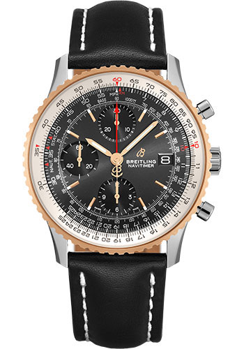 Breitling Navitimer Chronograph 41 Watch - Steel & Red Gold - Black Dial - Black Leather Strap - Folding Buckle