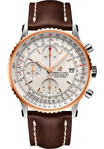 Breitling Navitimer Chronograph 41 Watch - Steel and 18K Red Gold - Silver Dial - Brown Calfskin Leather Strap - Folding Buckle