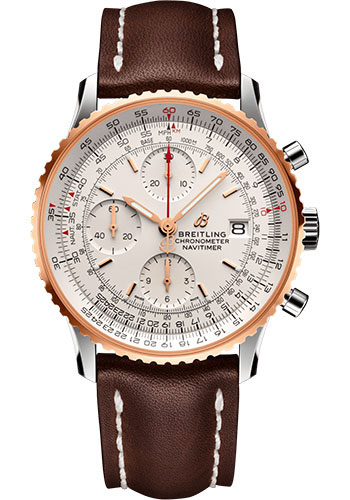 Breitling Navitimer Chronograph 41 Watch - Steel & Red Gold - Mercury Silver Dial - Brown Leather Strap - Tang Buckle