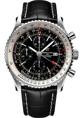 Breitling Navitimer Chronograph GMT 46 Watch - Steel - Black Dial - Black Alligator Strap - Folding Buckle
