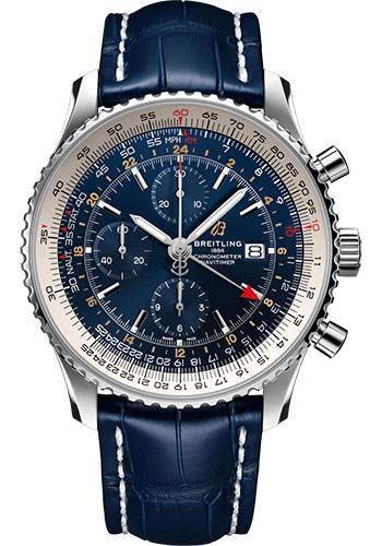 Breitling Navitimer Chronograph GMT 46 Watch - Steel - Blue Dial - Blue Croco Strap - Tang Buckle