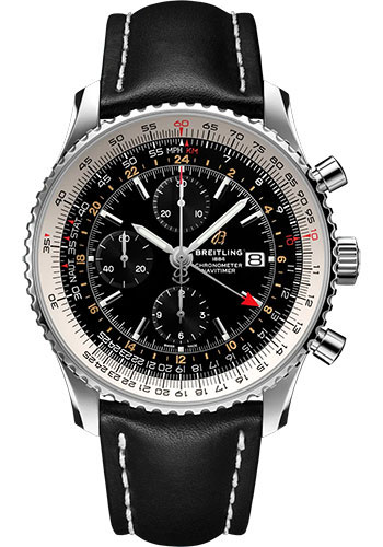 Breitling Navitimer Chronograph GMT 46 Watch - Stainless Steel - Black Dial - Black Calfskin Leather Strap - Folding Buckle