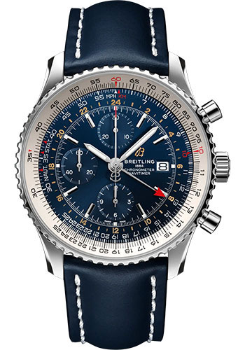 Breitling Navitimer Chronograph GMT 46 Watch - Stainless Steel - Blue Dial - Blue Calfskin Leather Strap - Folding Buckle