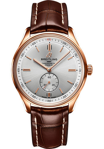 Breitling Premier Automatic 40 Watch - 18k Red Gold - Silver Dial - Brown Alligator Strap - Tang Buckle