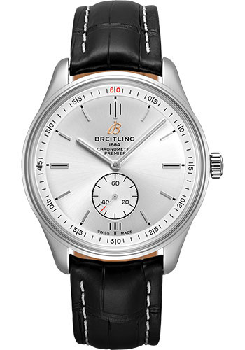 Breitling Premier Automatic Watch - 40mm Steel Case - Silver Dial - Black Croco Strap