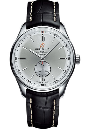 Breitling Premier Automatic Watch - 40mm Steel Case - Silver Dial - Black Croco Strap