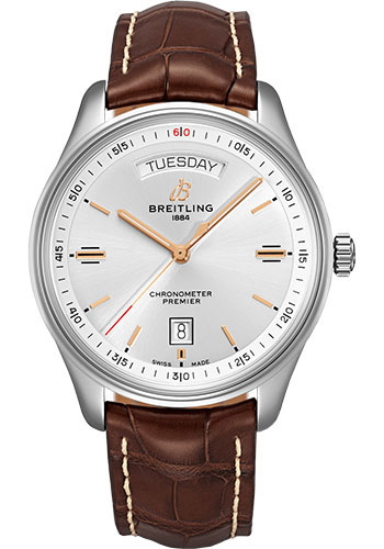 Breitling Premier Automatic Day & Date Watch - 40mm Steel Case - Silver Dial - Brown Croco Strap