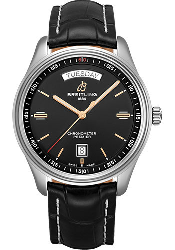 Breitling Premier Automatic Day & Date Watch - 40mm Steel Case - Black Dial - Black Croco Strap