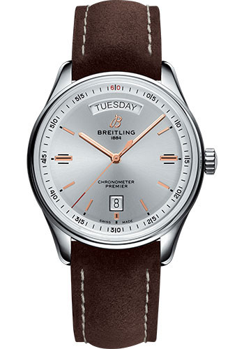 Breitling Premier Automatic Day & Date Watch - 40mm Steel Case - Silver Dial - Brown Nubuck Strap