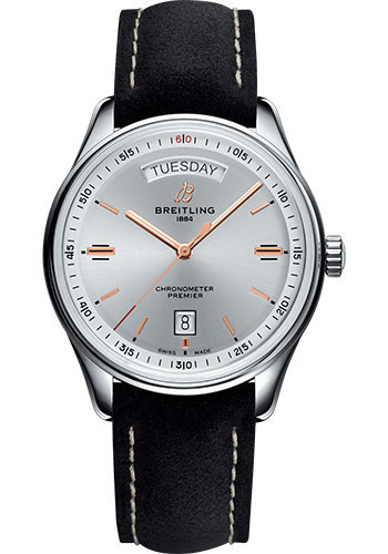 Breitling Premier Automatic Day & Date Watch - 40mm Steel Case - Silver Dial - Black Nubuck Strap