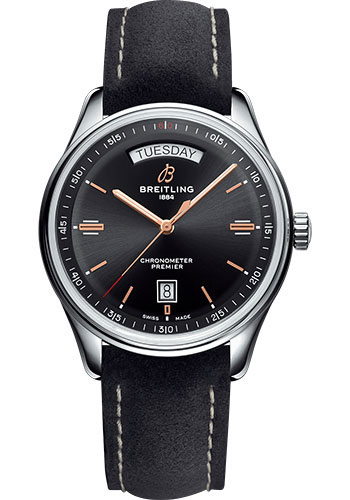Breitling Premier Automatic Day & Date Watch - 40mm Steel Case - Black Dial - Anthracite Nubuck Strap