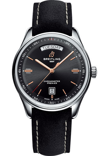 Breitling Premier Automatic Day & Date Watch - 40mm Steel Case - Black Dial - Black Nubuck Strap