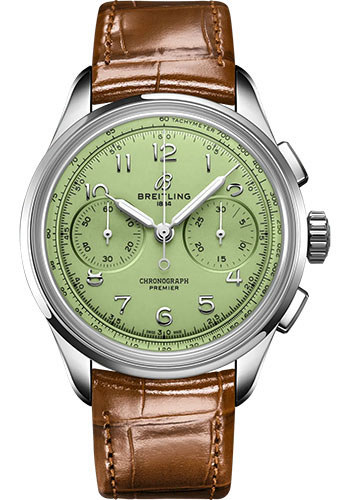 Breitling Premier B09 Chronograph 40 Watch - Stainless Steel - Pistachio Green Dial - Gold Brown Alligator Leather Strap - Folding Buckle