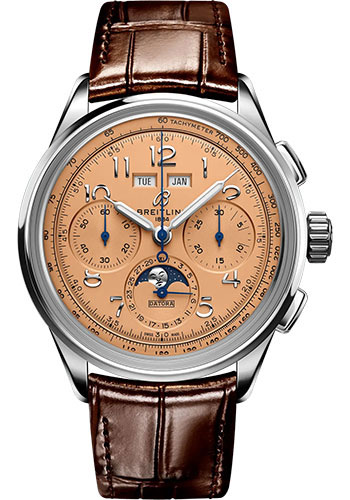 Breitling Premier B25 Datora 42 Watch - Stainless Steel - Copper Dial - Brown Alligator Leather Strap - Folding Buckle