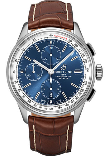 Breitling Premier Chronograph Watch - 42mm Steel Case - Blue Dial - Brown Croco Strap