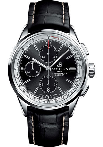 Breitling Premier Chronograph Watch - 42mm Steel Case - Black Dial - Black Croco Strap