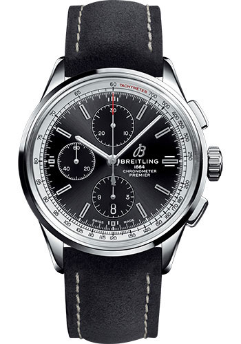 Breitling Premier Chronograph Watch - 42mm Steel Case - Black Dial - Anthracite Nubuck Strap