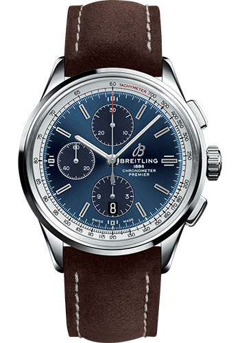 Breitling Premier Chronograph Watch - 42mm Steel Case - Blue Dial - Brown Nubuck Strap