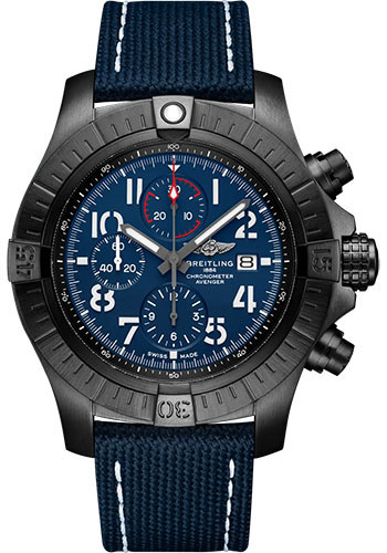 Breitling Super Avenger Chronograph 48 Night Mission Watch - DLC-Coated Titanium - Blue Dial - Blue Calfskin Leather Strap - Folding Buckle