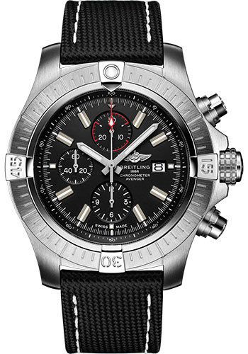 Breitling Super Avenger Chronograph 48 Watch - Stainless Steel - Black Dial - Anthracite Calfskin Leather Strap - Tang Buckle