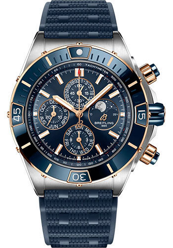 Breitling Super Chronomat 44 Four-Year Calendar Watch - Steel and 18K Red Gold - Blue Dial - Blue Rubber Strap - Folding Buckle