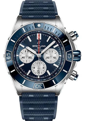 Breitling Super Chronomat B01 44 Watch - Stainless Steel - Blue Dial - Blue Rubber Strap - Folding Buckle