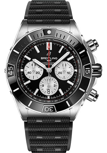 Breitling Super Chronomat B01 44 Watch - Stainless Steel - Black Dial - Black Rubber Strap - Folding Buckle