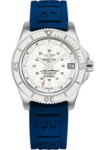 Breitling Superocean II 36 Watch - Steel Case - Hurricane White Dial - Blue Diver Pro III Strap