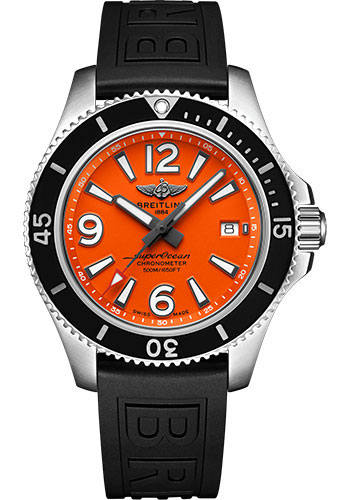 Breitling Superocean Automatic 42 Watch - Steel - Orange Dial - Black Diver Pro III Strap - Tang Buckle